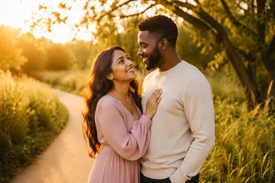 Young Couple on Park Path at Sunset