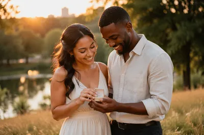 Young Couple Holding Ring Box at Sunset