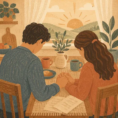Young Couple Praying at Morning Table