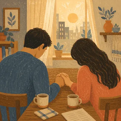 Young Couple Praying at Dawn Table