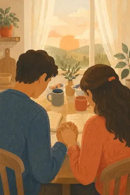Young Couple Praying at Morning Table