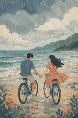 Young Couple Praying on Beach Bicycles
