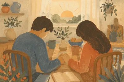Young Couple Praying Together at Sunrise