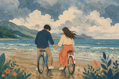 Young Couple Praying by Ocean Bicycles