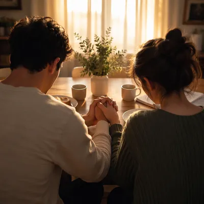 Young Couple Praying at Morning Table