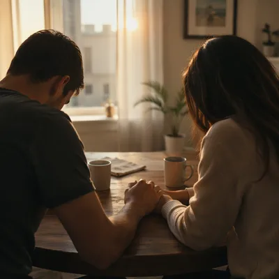 Young Couple Praying at Dawn Table