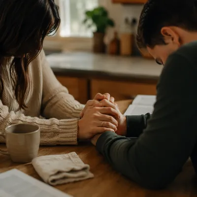 Young Couple Praying at Kitchen Table
