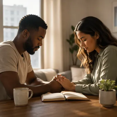 Young Couple Praying Together at Dawn