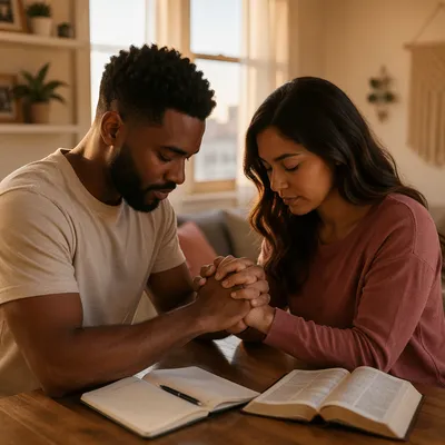 Young Interracial Couple Praying at Dawn