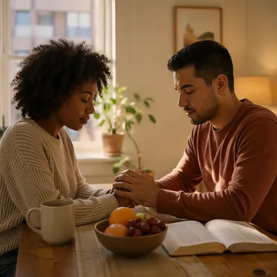 Young Couple Praying Together at Home