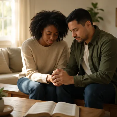 Young Couple Praying Together at Home