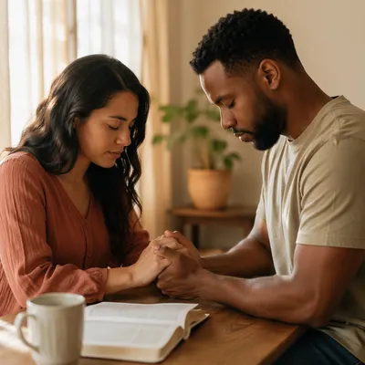 Young Couple Praying Together at Home
