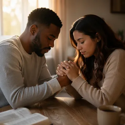 Young Couple Praying Together at Table