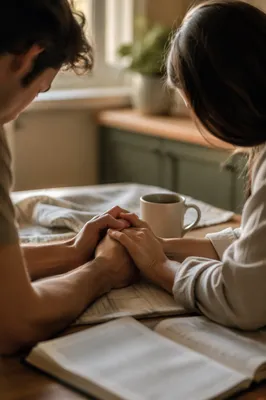 Young Couple Praying at Kitchen Table