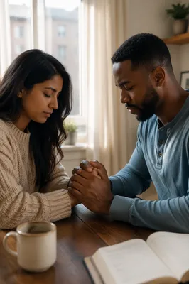 Young Interracial Couple Praying by Window