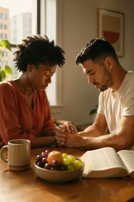 Young Couple Praying Together at Home