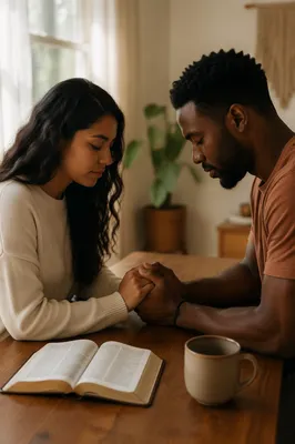 Young Couple Praying Together at Home