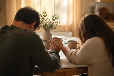 Young Couple Praying at Morning Table