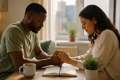 Young Couple Praying at Dawn Table