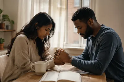 Young Couple Praying by Sunlit Window