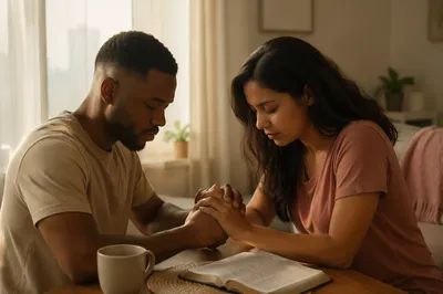 Young Couple Praying at Wooden Table