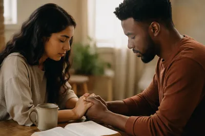 Young Couple Praying at Wooden Table