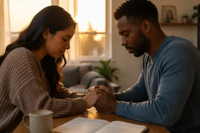 Young Couple Praying at Sunrise Table