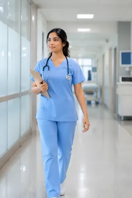 Young Female Doctor Walking Hospital Corridor