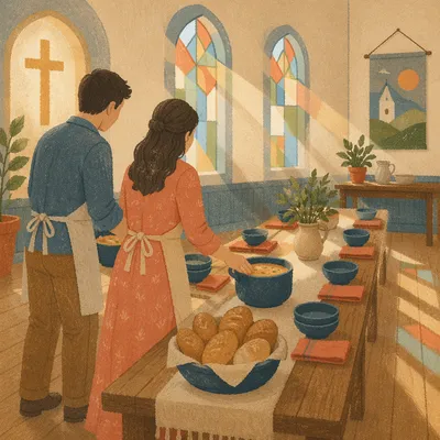 Young Married Couple Serving in Church Hall