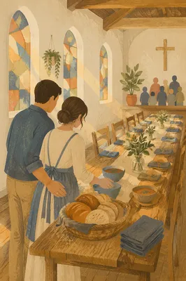 Young Married Couple Serving in Church Hall