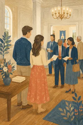 Young Married Couple Serving in Church Foyer