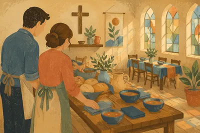 Young Married Couple Serving in Church Hall