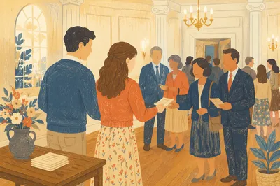 Young Married Couple Serving in Church Foyer