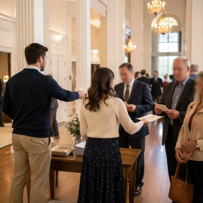 Young Married Couple Serving in Church Foyer