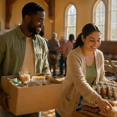Young Couple Volunteering in Church Hall