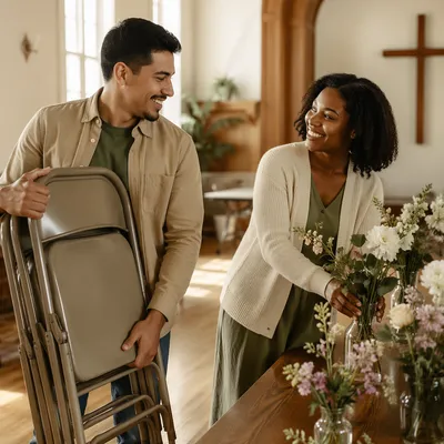 Young Couple Volunteering in Church Hall