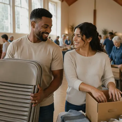 Young Couple Volunteering in Church Hall