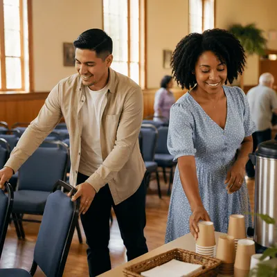 Young Couple Volunteering in Bright Hall