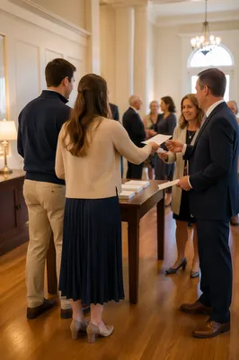 Young Married Couple Serving in Church Foyer