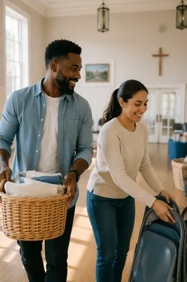 Young Couple Volunteering in Church Hall