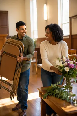 Young Couple Volunteering in Church Hall