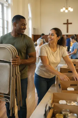 Young Couple Volunteering in Church Hall
