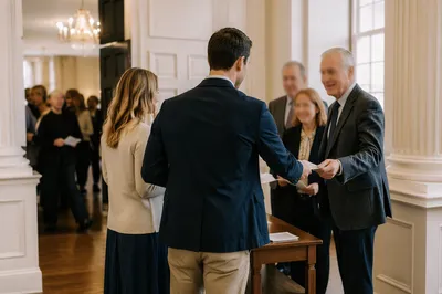 Young Married Couple Serving in Church Foyer