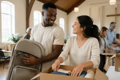 Young Couple Volunteering in Church Hall