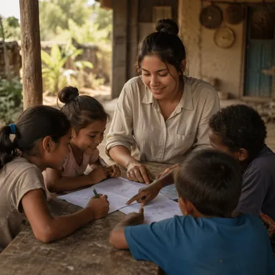Young Woman Teaching Children on Veranda