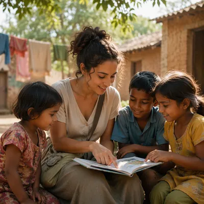Woman Reading Picture Book with Children