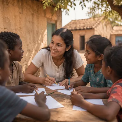 Young Woman Drawing With Village Children