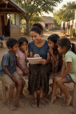 Woman Sharing Pictures with Village Children
