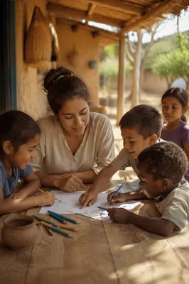 Young Woman Teaching Children on Veranda