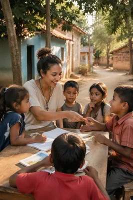 Woman Sharing Picture Cards with Village Children